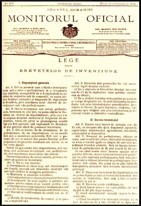 „Legea brevetelor de invențiune” - prima lege privind brevetele de invenție din România